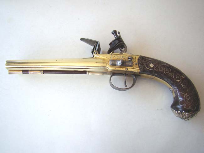 A Magnificent Brass Double Barreled Flintlock Pistol with Silver Inlays by John Parkes of London circa 1770. — image 4